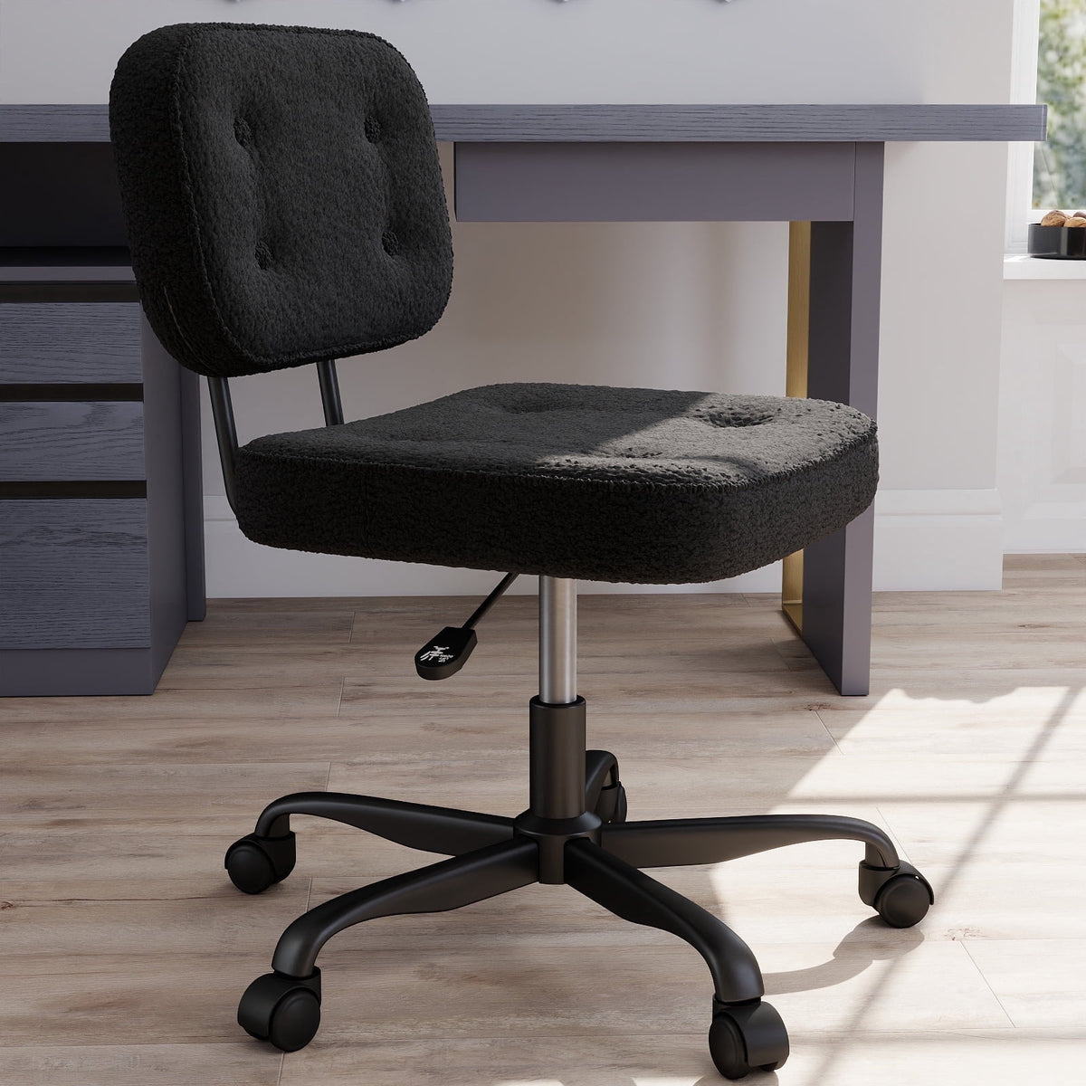YERAIRR Armless Office Chair with Wide Seat,Teddy Fleece Fabric Home Computer Desk Chair Thickened Cushion Swivel Vanity Chair Black