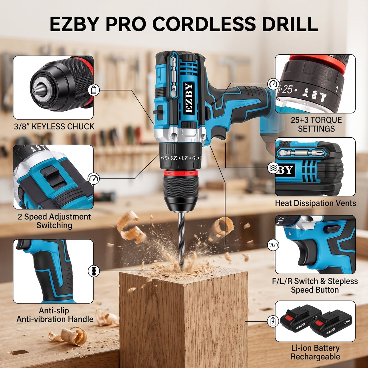 EZBY 21V Cordless Drill Set,Electric Power Drill Driver with 2 Batteries and Screw Kit,3/8" Keyless Chuck,2 Variable Speed, for Home Repair & DIY