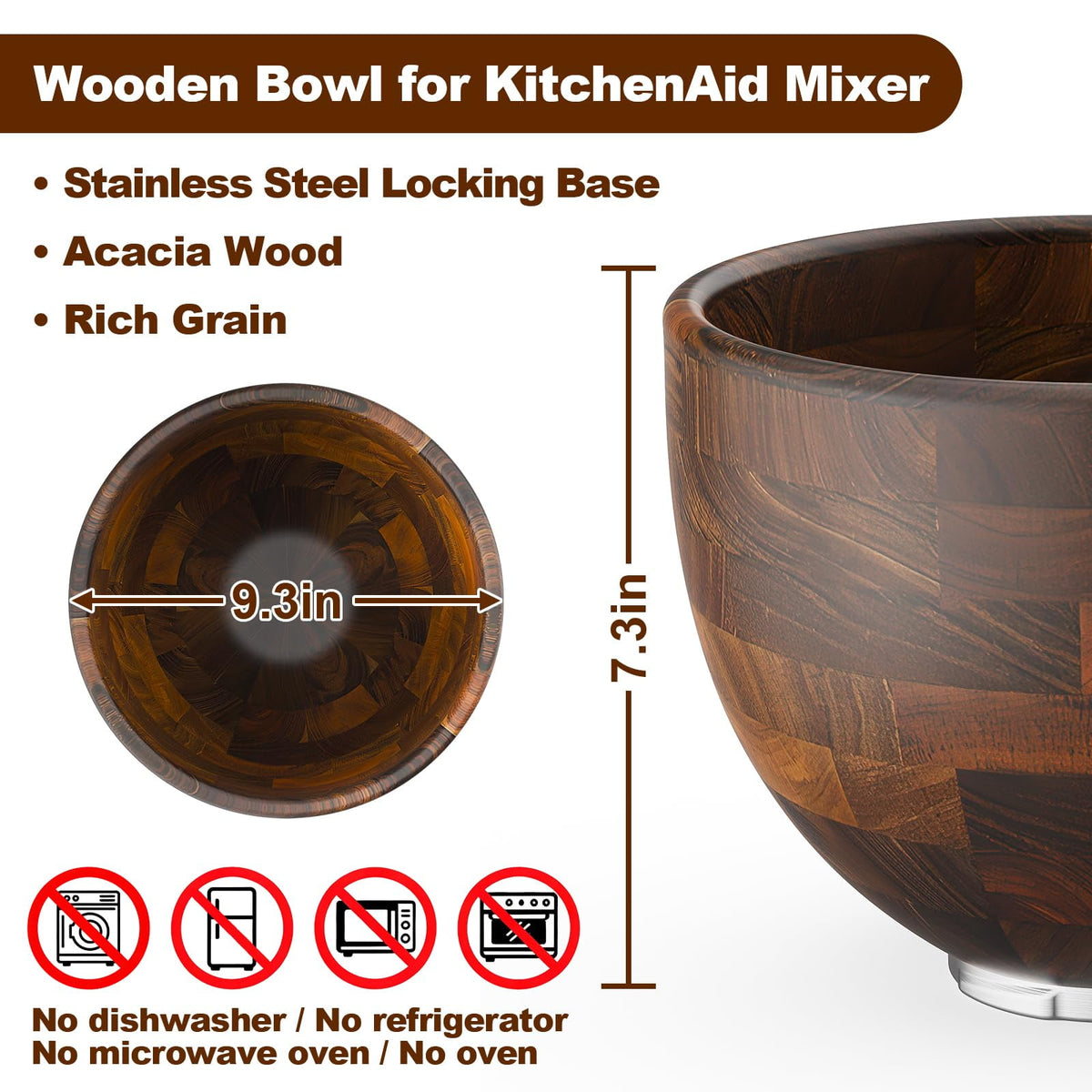 TOCOKEID 5 Qt Premium Natural Acacia Wood Mixer Bowl Attachment for KitchenAid 4.5-5 Qt Tilt-Head Stand Mixers
