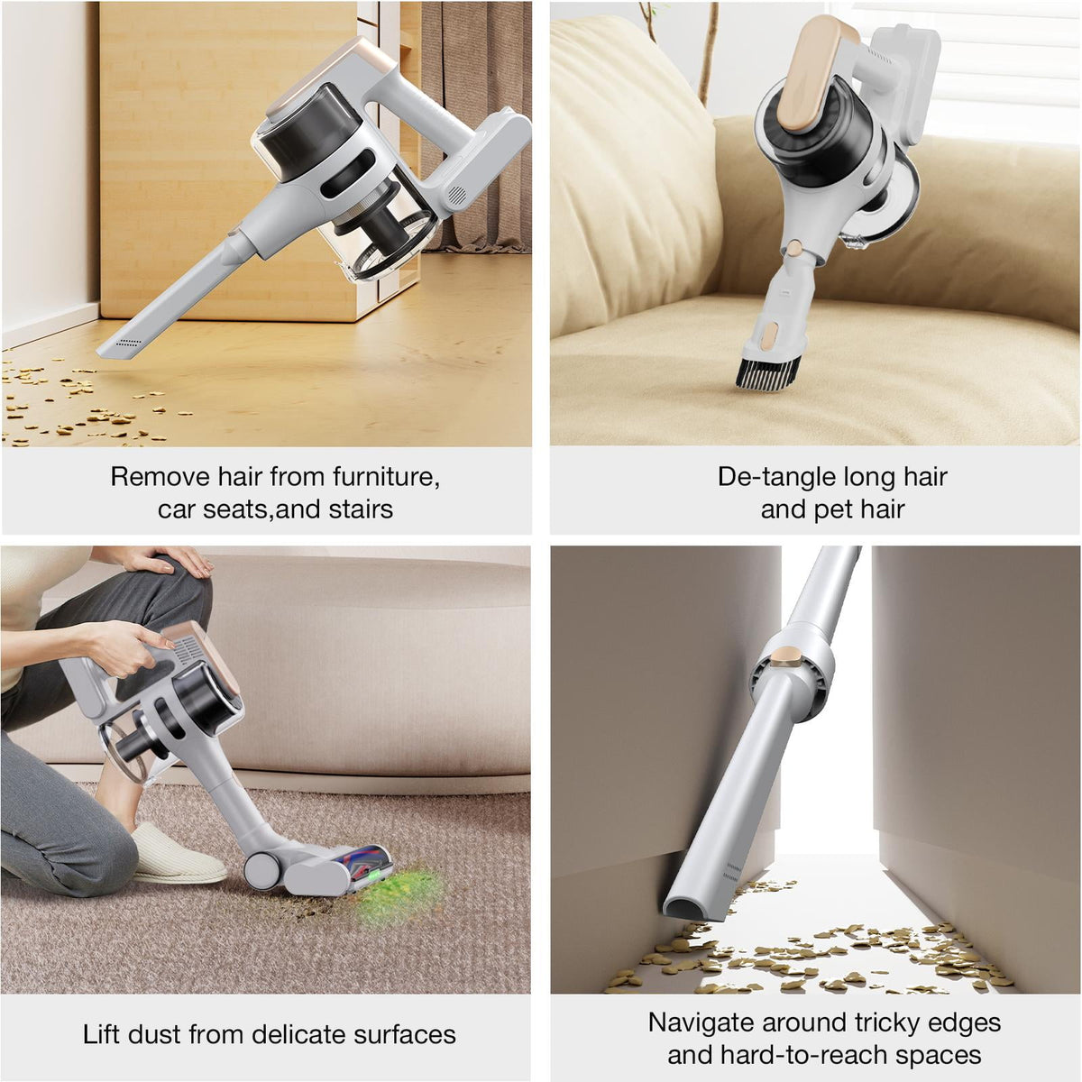 MOOSOO Cordless Vacuum Cleaner, 4-in-1 Lightweight Stick Vacuum 60 Mins Runtime for Pet Hair, Hard Floor & Carpet, White