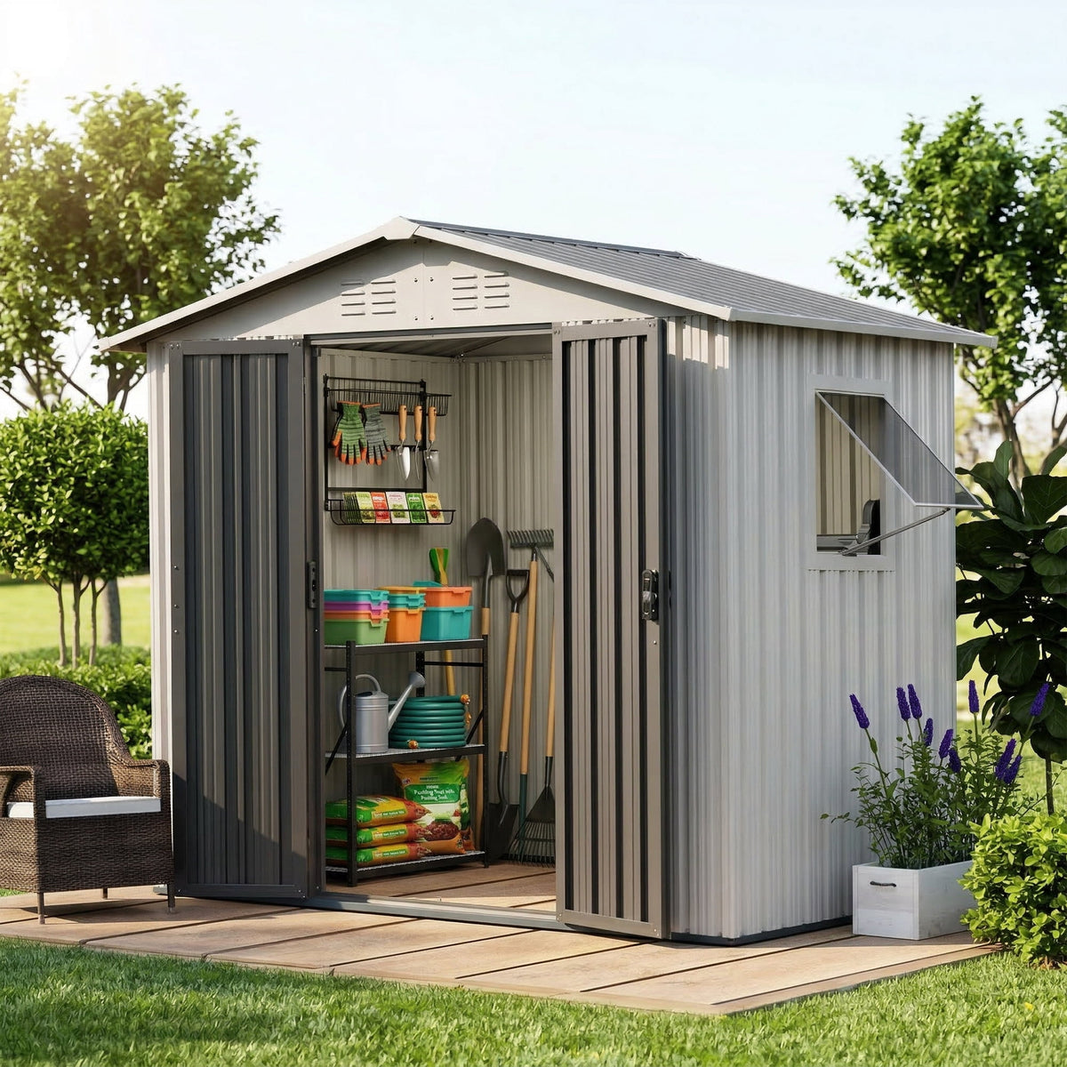 6x4 Outdoor Steel Storage Sheds, Metal Tool Outdoor Shed,With Windows& Air Vent&Gloves,for Backyard,Garden,Lawn,Creamy white